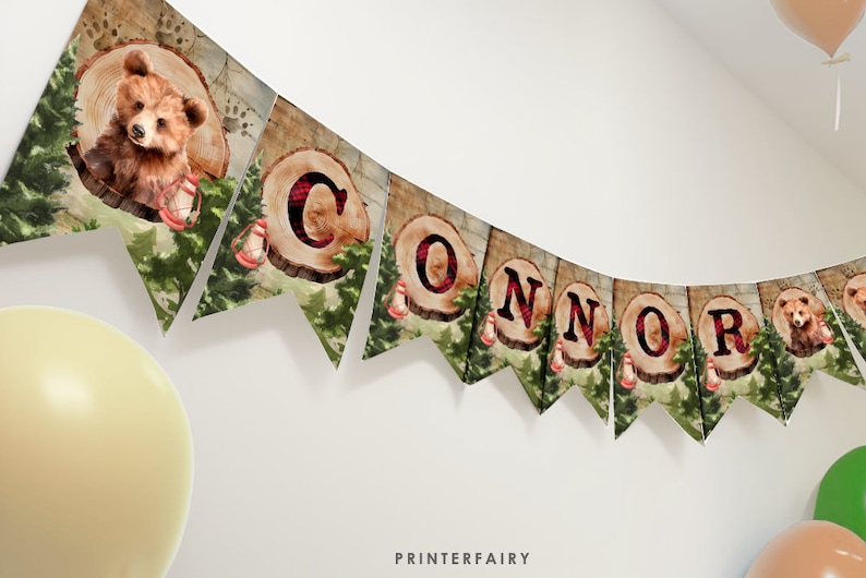 Bear Lumberjack Party Banner, Editable Baby Bear Birthday Garland, Winter Woodland Decoration, Printable Bunting image 1