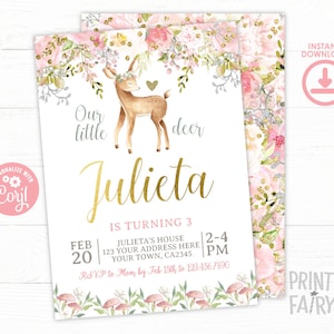 Invito di compleanno dei cervi, MODIFICABILE, Invito fulvo, Festa di compleanno della foresta, Invito bosco, Invito floreale, DOWNLOAD IMMEDIATO