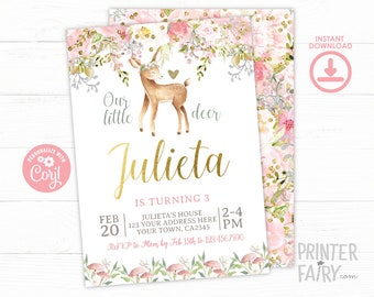 Deer Birthday Invitation, EDITABLE, Fawn Invitation, Forest Birthday Party, Woodland Invitation, Floral Invitation, INSTANT DOWNLOAD