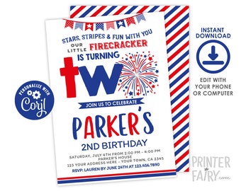 4th of July Invitation, Editable, 2nd Birthday Invitation, Indepence Day Invitation, 4th of July Party, EDIT YOURSELF Digital Invite