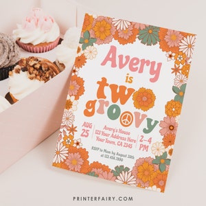 Hippie Floral Invitation, Two Groovy Birthday Invitation, Groovy Birthday, Retro Birthday Invitation, Editable Invitation, INSTANT DOWNLOAD