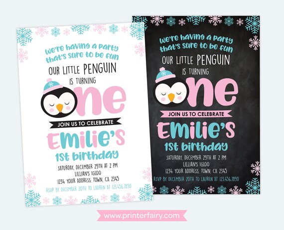 Penguin 1st Birthday Invitation, Winter Birthday Party, Winter Wonderland Invitation, Snowflake Invitation, DIGITAL Personalized, 2 options Il_570xn