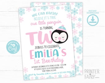 Penguin 2nd Birthday Invitation, EDITABLE Invitation, Penguin Birthday Party, Winter Invitation, Penguin Birthday Party, INSTANT DOWNLOAD