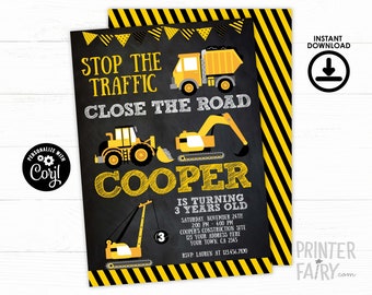 Construction Invitation, EDITABLE construction birthday invitation, Dump Truck Birthday Party, Crane, Black EDIT YOURSELF Digital Invitation