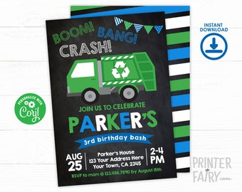 Editable Trash Truck Invitation, Trash Truck Party, Recycle Birthday party, Garbage Truck Invitation, Trash Truck Invite, INSTANT DOWNLOAD