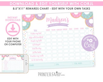 Reward Chart, EDITABLE, Donut Chore chart for kids, Printable Reward Chart, Edit all text, Routine Chart, INSTANT DOWNLOAD