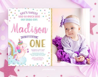 Editable Unicorn First Birthday Invitation with Photo (Digital Invite)