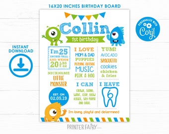 Little Monster Birthday Milestones Board, EDITABLE, Little monster 1st Birthday Decorations, Birthday Milestone Poster, INSTANT DOWNLOAD