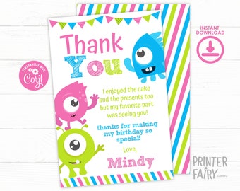 Little Monster Birthday Party Thank You Card, EDITABLE, Monsters Party, Monster Bash, Birthday Invitation, Party, Instant Download, Digital