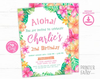 Luau Second Birthday Invitation, Editable, Hawaiian Invitation, Tropical Invite, Luau Birthday Party Invitatin,Luau Birthday Invite Template