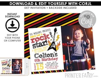 Rock star Birthday Invitation with Picture, Music Invitations, EDITABLE Rockstar Birthday Party, Guitar Invitation, INSTANT DOWNLOAD