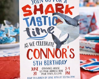May include: A birthday party invitation with the text "Join us for a Shark Tastic Time" featuring a shark illustration. The invitation is for Connor's 5th birthday, with details including the date, time, and location.