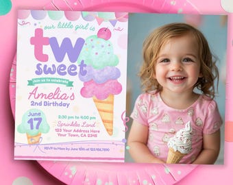 Ice Cream Second Birthday Invitation, Photo Editable Template (Digital Download)