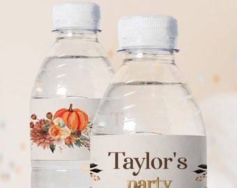 Editable Pumpkin Water Bottle Label, Fall Birthday Party Drink Label Autumn Party Bottle Label Pumpkin girl Birthday Decoration Party Favor