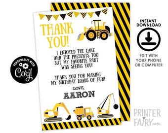 Construction Thank You Cards, EDITABLE construction birthday party , Dump Truck Birthday, Crane, Thank You Notes, INSTANT DOWNLOAD