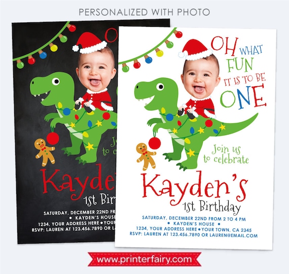 Christmas birthday Invitation with Photo, Dinosaur Christmas Invitation, Personalized DIGITAL Printable Invite, Any age, 2 options Il_570xn