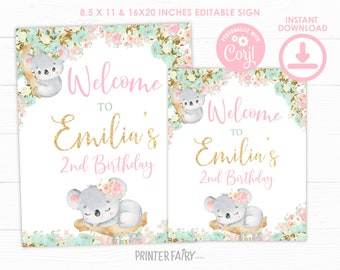 Koala Welcome Sign, EDITABLE, Girl Birthday Decorations, Floral Birthday, Bear Birthday, Let's Hang Out, Koala Sign, INSTANT DOWNLOAD