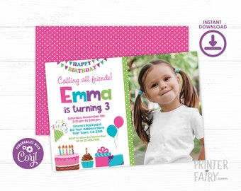 Birthday Party Invitation with picture, Editable Birthday Invitation, Cake Invitation, Balloon Birthday Invitation, INSTANT DOWNLOAD