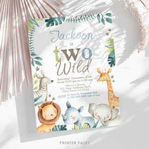 Zwei wilde Geburtstagseinladung für den 2. Geburtstag, Dschungel Safari Party für Kinder
