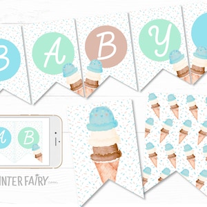 Eiscreme-Baby-Dusche-Banner, Baby-Sprenkel, Eiscreme-Kegel-Aquarell-Baby-Dusche, Junge-Baby-Streusel, blaues Eis-Baby-Dusche-Wimpel