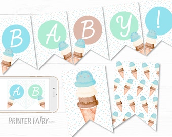 Ice Cream Baby Shower Banner, Baby Sprinkle, Ice Cream Cone Watercolor Baby Shower, Boy Baby Sprinkle, Blue Ice Cream Baby Shower Bunting