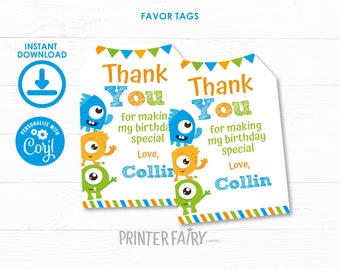 Little Monster Favor tags, EDITABLE Favor Tags, Little Monster 1st Birthday Party, Little Monster Gift Tags, INSTANT DOWNLOAD