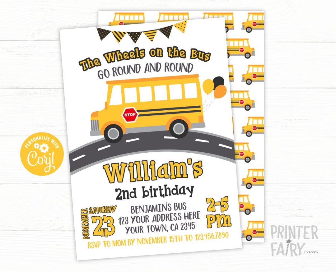 Wheels on the Bus Invitation EDITABLE School Bus Invitation Etsy