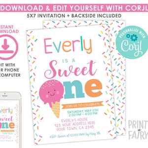 EDITABLE Ice Cream First Birthday Invitation, Sprinkles 1st Birthday Party, Ice Cream Party, First Birthday EDIT YOURSELF Digital Invite