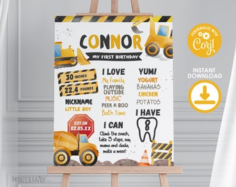 Little Builder's Milestones Sign: Construction First Birthday Stats Sign, Dump Truck Stats Board, "Under Construction" Editable Decoration