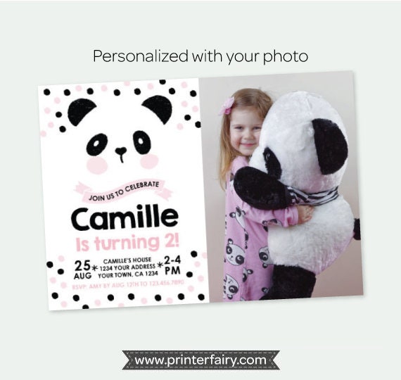 Panda Birthday Invitation with Photo, Panda Birthday party, Black pink white birthday Party, Personalized Digital Invitation Il_570xn