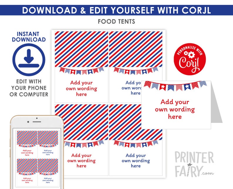 EDITABLE 4th of July Food Tents, Independence Day Birthday, 4th of July Party Decorations, Place Cards, INSTANT DOWNLOAD image 2