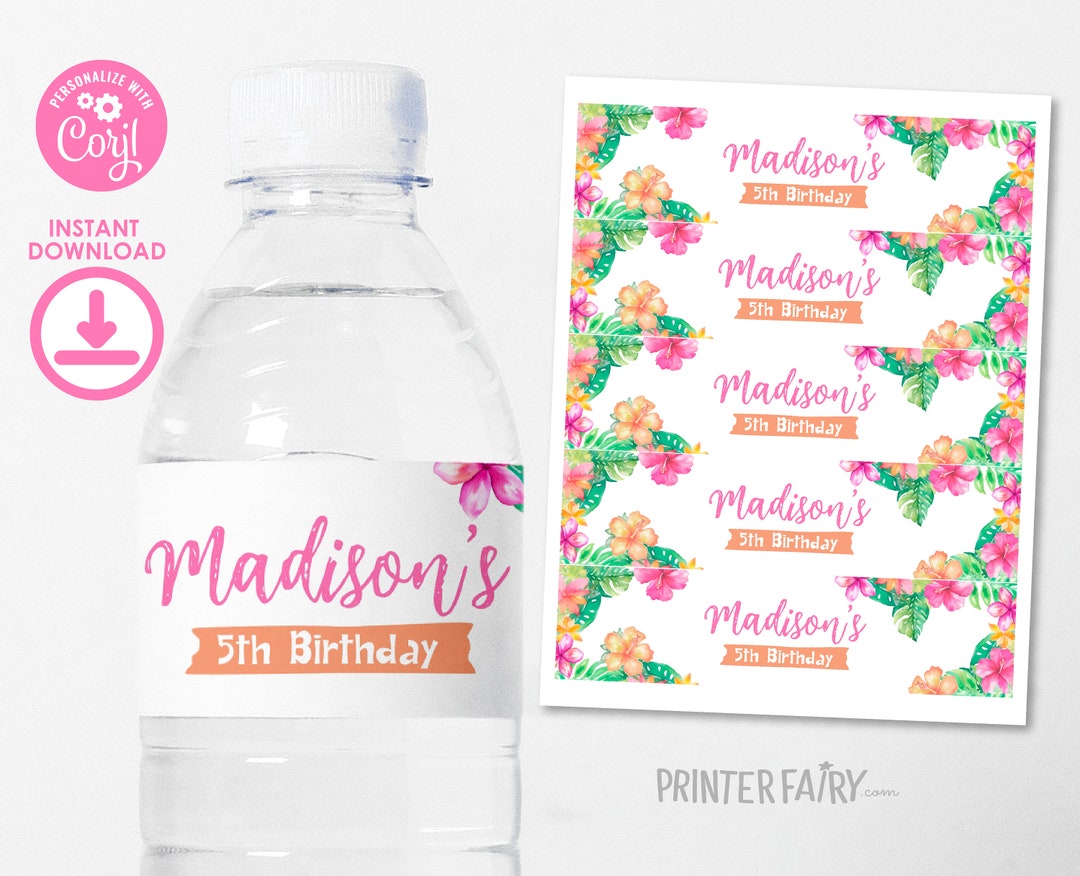 Luau Birthday Water Bottle Label, Hawaiian Party Bottle Labels