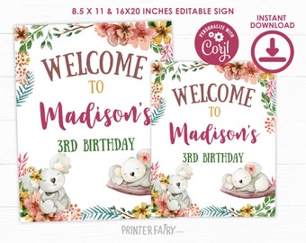 Koala Welcome Sign, EDITABLE, Koala Birthday Party, Koala Sign, Koala Birthday Party Decorations, Floral Sign, INSTANT DOWNLOAD