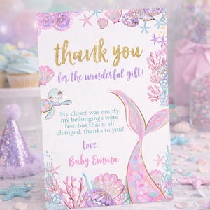 Tarjeta de agradecimiento para baby shower con temática de sirenas, plantilla editable (descarga digital)