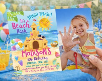 Sand Castle Beach Birthday Party Invitation with Photo Editable Template, INSTANT DOWNLOAD