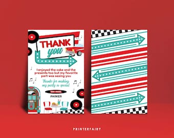 Diner Thank You Card, Editable, Sock Hop Decorations, Midcentury Decor, 1950's Soda Shop Theme Party, Fifties American Diner, Retro Birthday