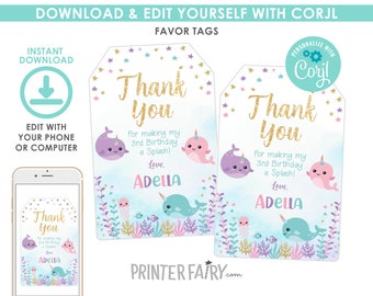 Narwhal Favor Tags, EDITABLE, Narwhal Birthday Party, Under the Sea Birthday, Mermaid Birthday Party, Thank You Tags, EDIT YOURSELF
