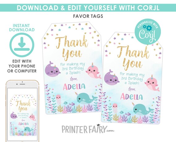 Narwhal Favor Tags, EDITABLE, Narwhal Birthday Party, Under the Sea Birthday, Mermaid Birthday Party, Thank You Tags, EDIT YOURSELF Il_570xn