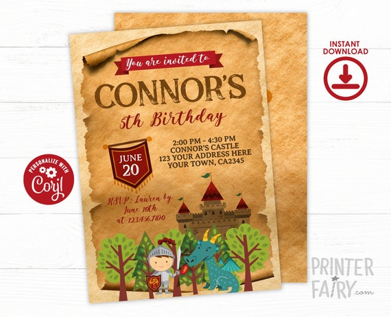 Knight Birthday Invitation, EDITABLE. Dragon Invitation, Medieval Birthday, Knight Invitation, INSTANT DOWNLOAD Il_570xn