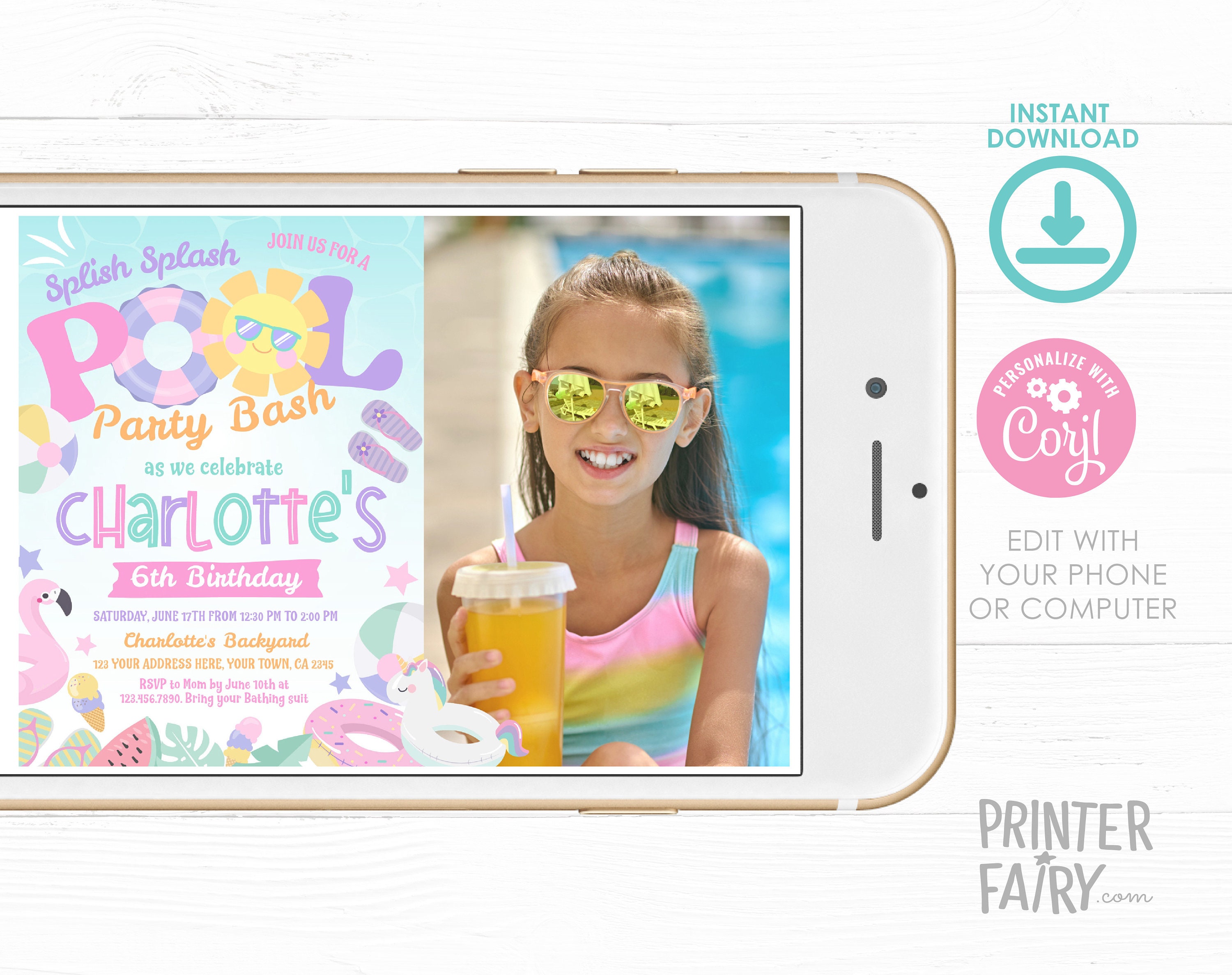 Photo Party Invitations Pool Birthday Party Invitation With Photo Editable Template INSTANT ...