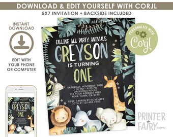 Jungle Invitation, EDITABLE, Safari Birthday Invitation, Safari 1st birthday, Any Age, Animals Party, EDIT YOURSELF Digital Invite, Instant