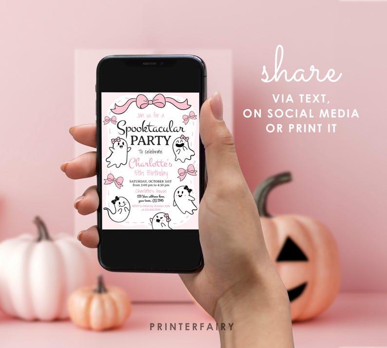 Spooktacular Party Pink Halloween Coquette Ghost Birthday Invitation Editable Template, Instant Download image 5