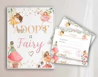Fairy Adoption Sign and Certificate Floral Garden Party Fairies Printable Games Fairytale Princess Favors Digital Sign Instant Download