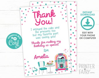 Diner Thank You Cards, 50s Birthday Party, Retro Birthday Party, Music Birthday Thank You Notes, Ice Cream Thank You Cards, INSTANT DOWNLOAD