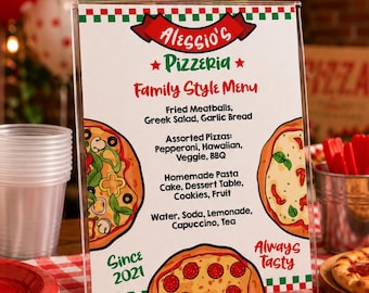 May include: A clear acrylic sign holder displaying a white menu titled Alessio's Pizzeria Family Style Menu. The menu features red and green checkered borders, illustrations of pizzas, and lists food items including meatballs, salad, and pizza.