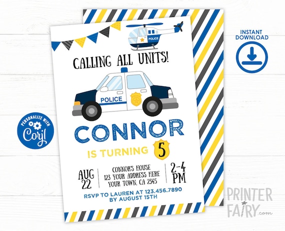 EDITABLE Police Birthday Invitation, Cops & Robbers Birthday Party, Police Car Invitation, EDIT YOURSELF with Corjl Il_570xn