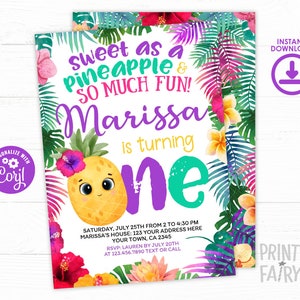 Pineapple First Birthday Invitation, Editable, Tropical Party Invitation, Luau Birthday Invitation, Pineapple Invite, Instant Download image 1