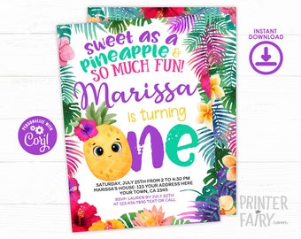 Pineapple First Birthday Invitation, Editable, Tropical Party Invitation, Luau Birthday Invitation, Pineapple Invite, Instant Download