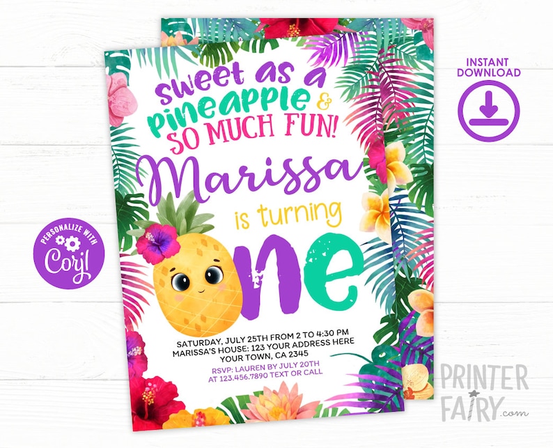 Pineapple First Birthday Invitation, Editable, Tropical Party Invitation, Luau Birthday Invitation, Pineapple Invite, Instant Download image 1