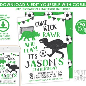 Dinosaur and Soccer Birthday Invitation, Soccer Birthday, Sports Birthday Party, Dinosaur Birthday, Personalized Printable DIGITAL Invite image 2